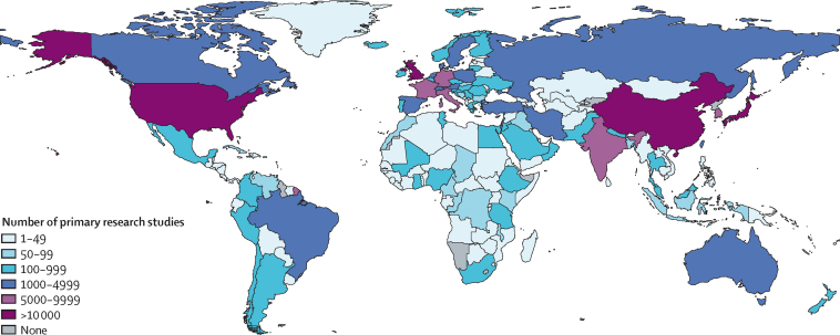 Heatmap of the world showing the number of primary research studies on vision and eye health, by country, between 2000 and 2019. Countries are coloured differently depending on the number of studies carried out.