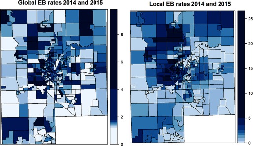 Figure 1 is a map of Genesee County marking areas with Empirical Bayes smoothed incidence rates per census block for global EB rates in 2014 and 2015 and local EB rates in 2014 and 2015.