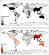 Figure 3A to 3D are world map depicting the total number of studies on flood and mosquito-borne disease occurrence by country, the studies on dengue around the world, the studies on malaria around the world, and the studies with statistical hypothesis testing of the association between flood and mosquito-borne disease, respectively. A scale depicts the total number of studies, Dengue studies, Malaria studies, and studies with statistical analysis, ranging as 0, 1, 2, 3, 4, and 5 to 6, respectively. A scale depicting miles is ranging from 0 1200 in increments of 600 and 1200 to 4800 in increments of 1200, respectively.