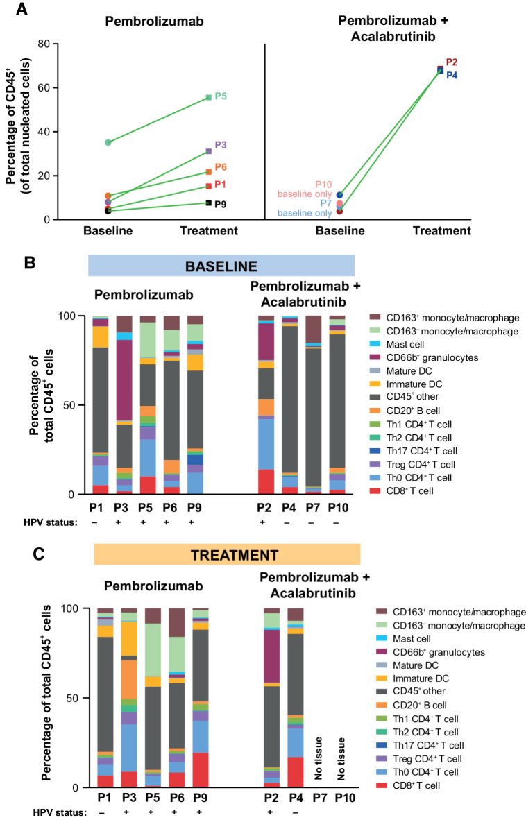 Figure 3. Leukocyte infiltration at baseline and after 43 days on treatment. A, The percentage of total nucleated cells that were CD45+ (total leukocytes) are shown for each patient at baseline and after 43 days of treatment (Rx). Green lines pairing baseline and Rx samples reflect a >10% increase in ratio after treatment compared with baseline. Leukocyte lineage subtypes are shown as the percentages of total CD45+ cells per patient at baseline (B) and after 43 days of treatment (C). Pembrolizumab monotherapy, n = 5; pembrolizumab plus acalabrutinib combination therapy, n = 4 at baseline and n = 2 with treatment at day 43. Colors delineate cell types as indicated in the legend (right of B and C). In B and C, human papillomavirus (HPV) status was evaluated by p16-positivity via a multiplex immunohistochemical platform, and used as a molecular correlate for HPV status, where results are denoted as “+” and “−” for HPV-positive and HPV-negative, respectively.