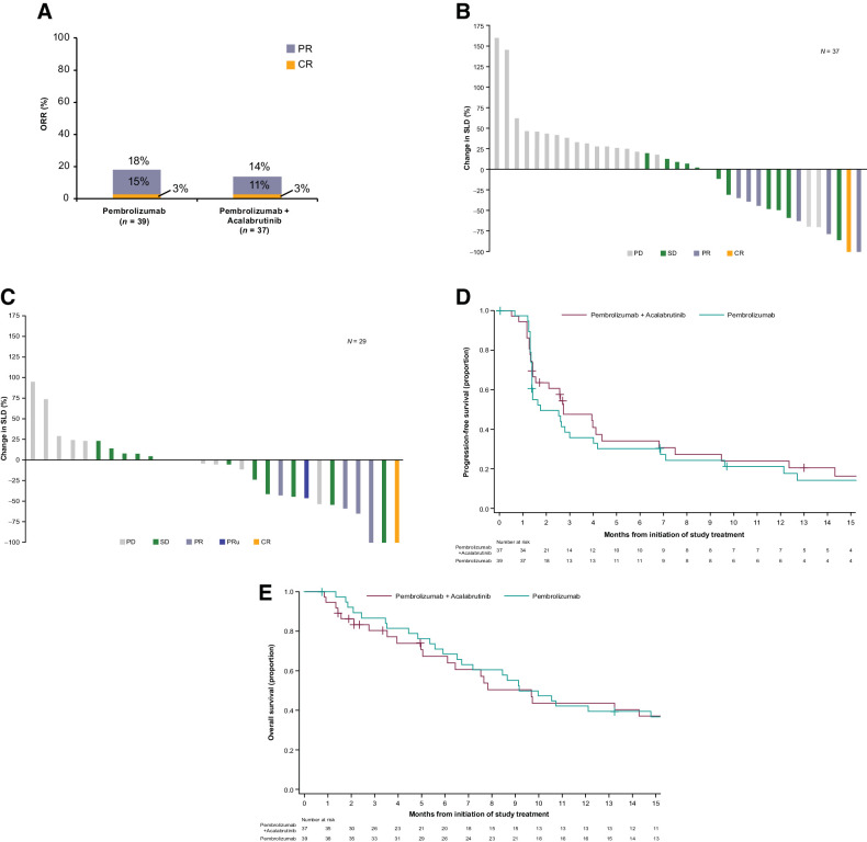 Figure 2. ORR rate (A), best reduction from baseline in the SLD with pembrolizumab monotherapy (B) and acalabrutinib + pembrolizumab combination therapy (C), progression-free survival (D), and overall survival (E) by the treatment group. CR, complete response; ORR, overall response rate; PR, partial response; SLD, sum of longest diameters.