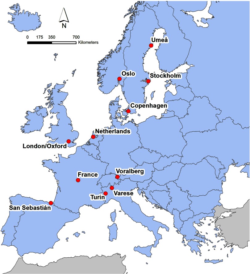 Map marking the following study sites: Umea, Oslo, Stockholm, Copenhagen, Netherlands, London virgule Oxford, France, Voralberg, Varese, Turin, and San Sebastian.