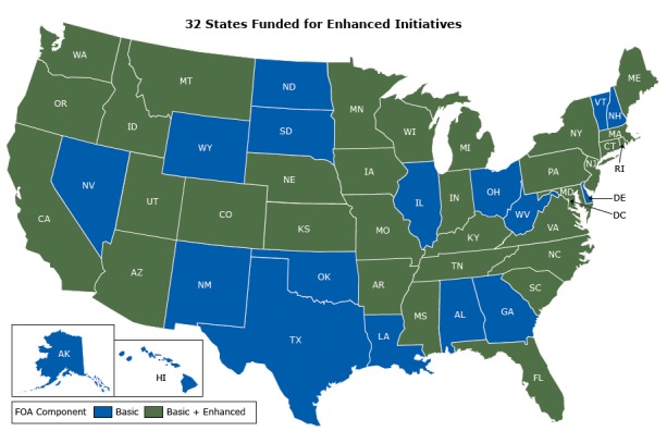 A map shows the 50 US states and the District of Columbia, coded to indicate which states received basic funding only and which received basic plus enhanced funding. The following 32 states received both basic and enhanced funding: Arkansas, Arizona, California, Colorado, Connecticut, Florida, Idaho, Iowa, Indiana, Kansas, Kentucky, Maryland, Massachusetts, Maine, Michigan, Minnesota, Mississippi, Missouri, Montana, Nebraska, New Jersey, North Carolina, New York, Oregon, Pennsylvania, Rhode Island, South Carolina, Tennessee, Utah, Virginia, Washington, and Wisconsin. All other states and the District of Columbia received basic funding.