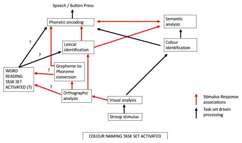 Figure 1. Modified version of the model presented in Monsell et al. (2001). What activates the task set for word reading and what does it go on to do? Are S-R associations such as grapheme-to-phoneme processing enough to explain the effects attributed to task conflict? An alternative account of negative facilitation is that strong S-R associations confer privileged access for pronounceable letter strings to their associated phonetic codes meaning that the irrelevant word is obligatorily processed up to the level of phonetic encoding, which delays phonetic encoding of the colour name. The longer the encoding of the irrelevant word takes, the longer the delay. For example, phonetic encoding is slower for low frequency words and thus colour naming is slower for such words compared to high frequency words. If this delay occurred for all pronounceable letter strings, but not for non-pronounceable letter strings, colour naming would be slower for all pronounceable letter strings leading to negative facilitation.