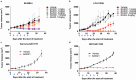 a: Tumor size over time in a CDX model using SK-MEL5 cells. BA3021 was injected six times at 1, 3, 6, or 10 mg/kg. b: Tumor size over time in a CDX model using LCL103H cells. BA3021 was injected 6 times at 1, 3, or 6 mg/kg. c: Tumor size over time in a Sarcoma PDX model. BA3021 was injected 6 times at 6 mg/kg. d: Tumor size over time in a GIST PDX model. BA3021 was injected 6 times at 6 mg/kg.