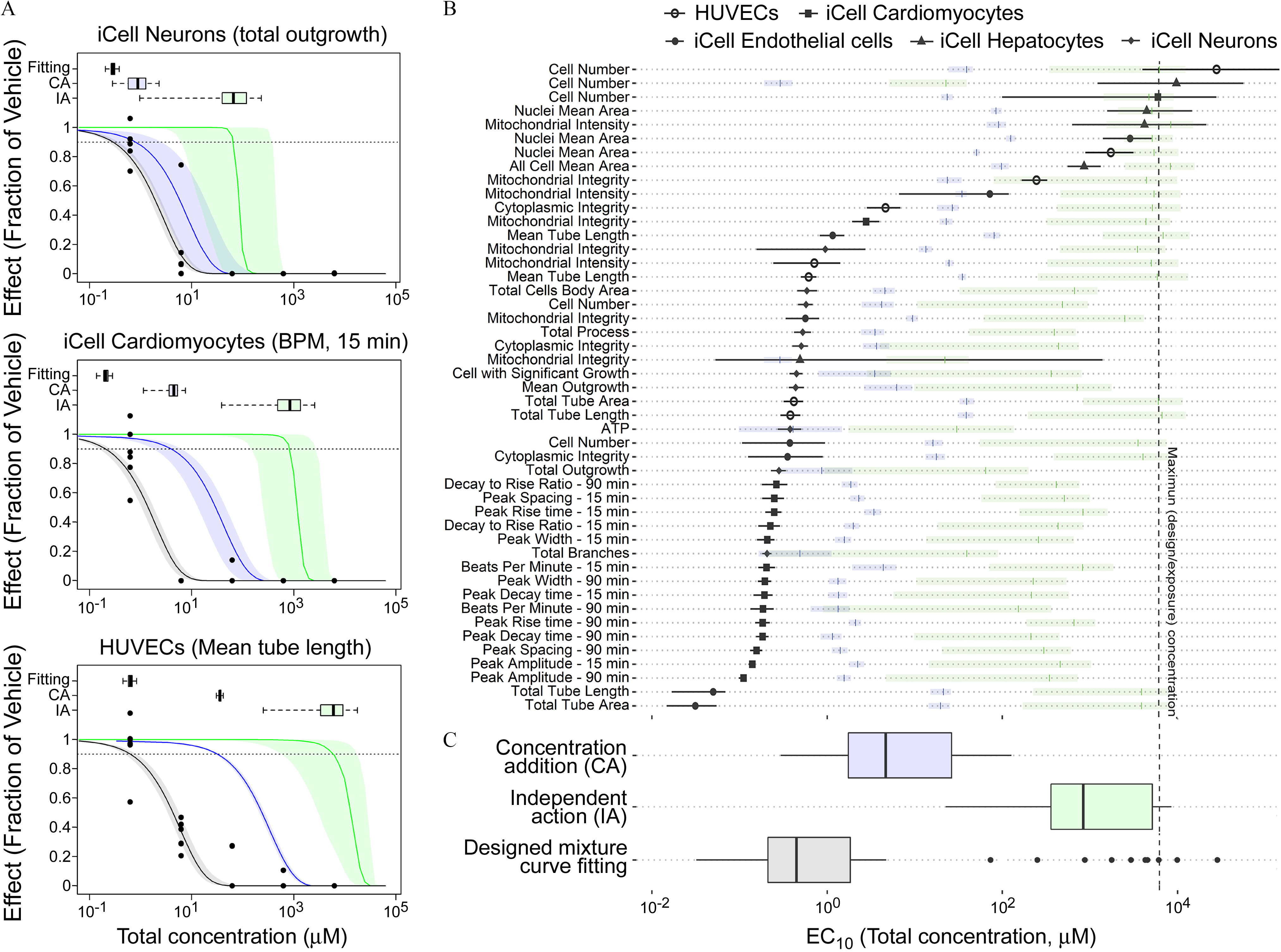 Figure 6A is a set of three box and whisker plots titled iCell Neurons (Total Outgrowth), iCell Cardiomyocytes (beats per minute, 15 minutes), and HUVECs (Mean Tube Length), plotting Effect (Fraction of Vehicle), ranging from 0 to 1 in increments of 0.2, and I A, C A, and Fitting (y-axis) across Total concentration in micromolar, ranging from 10 begin superscript negative 1 end superscript to 10 begin superscript 5 end superscript in increments of 10 begin superscript 2 end superscript (x-axis). Figure 6B is a box and whisker plot plotting Cell Number, cell Number, Cell Number, Nuclei Mean Area, Mitochondrial Intensity, Nuclei Mean Area, Nuclei Mean Area, All Cell Mean Area, Mitochondrial Integrity, Mitochondrial Intensity, Cytoplasmic Integrity, Mean Tube Length, Mitochondrial Integrity, Mitochondrial Intensity, Mean Tube Length, Total Cells Body Area, Cell Number, Mitochondrial Integrity, Total Process, Cytoplasmic Integrity, Mitochondrial Integrity, Cell with Significant Growth, Mean Outgrowth, Total Tube Area, Total Tube Length, uppercase a t p, Cell Number, Cytoplasmic Integrity, Total Outgrowth, Decay to rise ratio-90 minutes, Peak Spacing – 15 minutes, Peak Rise time – 15 minutes, Decay to Rise Ration – 15 minutes, Peak Width – 15 minutes, Total branches, Beats Per Minute – 15 minutes, Peak Width – 90 minutes, Beats Per Minute – 90 minutes, Peak Rise time – 90 minutes, Peak Decay time – 90 minutes, Peak Spacing – 90 minutes, Peak Amplitude – 15 minutes, Peak Amplitude – 90 minutes, Total Tube Length, and Total Tube Area (y-axis) across effective concentration at 10 percent (total concentration in microMolar), ranging from 10 begin superscript negative 2 end superscript to 10 begin superscript 4 end superscript in increments on 10 begin superscript 2 end superscript (x-axis) for HUVECs, iCell Cardiomyocytes, iCell Endothelial cells, iCell Hepatocytes, and iCell Neurons. Figure 6B is a box and whisker plot plotting Concentration Addition (C A), Independent Action (I A), and Designed mixture curve fitting (y-axis) across effective concentration at 10 percent (total concentration in microMolar), ranging from 10 begin superscript negative 2 end superscript to 10 begin superscript 4 end superscript in increments on 10 begin superscript 2 end superscript (x-axis).