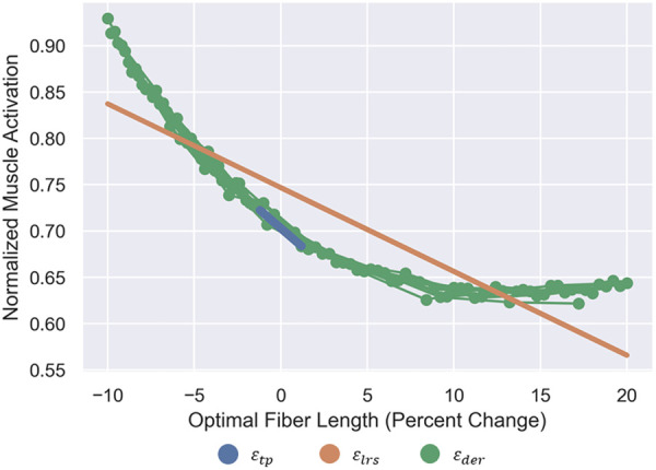 Visualization of how each sensitivity coefficient is calculated. εtp (orange) is equal to the slope created by the predicted AUC for parameter changes of ±1%., while εlrs (blue) is taken as the slope of the linear regression line. εlrs and εtp allow for the best metric prediction due to parameter uncertainty for regions that have linear trends. In contrast, εder (green) is computed using a numerical derivative to calculate a localized sensitivity. This localization may allow for improved prediction of nonlinear relationships seen between muscle parameters and predicted muscle activations.