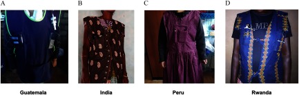 Figure 3 shows photographs of participants from Guatemala, India, Peru, and Rwanda, each wearing a vest or an apron and with their faces not captured in the camera.