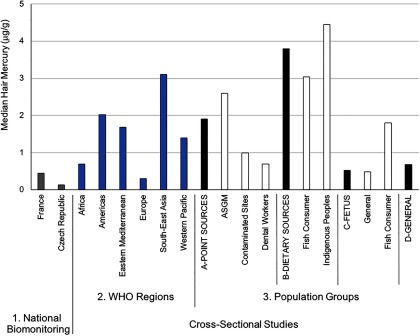 Bar graph plotting concentration of median hair mercury (micrograms per gram; y-axis) across population groups (x-axis), namely, national biomonitoring studies, W H O regions, and other populations groups.