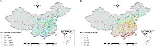 Figure 2 is a set of two maps of China, plotting areas with top number of BD cases, ranging between 64 and 500, 501 and 2000, 2001 and 4000, 4001 and 10000, and 10001 to 28880, and mean temperature in degree Celsius, ranging between negative 1 and 5, 6 and 10, 11 and 15, 16 and 20, and 21 and 25, respectively. There is a scale at the bottom, ranging from 0 to 1,920 miles; the parts ranging from 0 to approximate 125, 225 to approximate 325, 480 to 960, and 1,440 to 1,920 have been highlighted. An expanded part of the map is present at the right-bottom, and a compass at the top of each map.