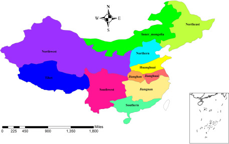 Figure 1 is a map of China, plotting meteorological-geographic regions, including Tibet, Northwest, Southwest, Southern, Jiangnan, Jianghan Jianghuai, Huanghuai, Northern, Inner_mongolia, and Northeast. There is a scale at the bottom, ranging from 0 to 1,800 miles; the parts ranging from 0 to approximate 125, 225 to approximate 325, 450 to 900, and 1,350 to 1,800 have been highlighted. An expanded part of the map is present at the right-bottom, and a compass at the top of each map.