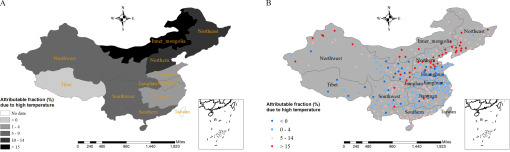 Figure 5 is a set of two maps of China, plotting different regions for attributable fraction (percent) due to high temperature for no data, including Taiwan; less than 0, including Tibet; 1 to 4, including Jiangnam, Jianghual, and Huanghual; 5 to 9, including Northwest, Southwest, and Southern; 10 to 14, including Northern and Northeast; and greater 15 including Inner_mongolia and for less than 0, 0 to 4, 5 to 14, and greater than 15, respectively. There is a scale at the bottom, ranging from 0 to 1,920 miles; the parts ranging from 0 to approximate 125, 225 to approximate 325, 480 to 960, and 1,440 to 1,920 have been highlighted. An expanded part of the map is present at the right-bottom, and a compass at the top of each map.