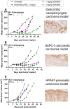 Figure 3. SGN-B6A shows antigen-selective antitumor activity in vivo. Mice engrafted with Detroit-562 (A), BxPC-3 (B), or HPAFII (C) tumor cell lines were treated with SGN-B6A at 1 or 3 mg/kg, a nonbinding control ADC at 3 mg/kg, or left untreated. Animals were dosed weekly for three doses. Immunologically selective antitumor activity was seen in the BxPC-3 model at ≥1 mg/kg and in the Detroit 562 and HPAFII models at 3 mg/kg. Staining by IHC confirming expression of ITGB6 is shown for each model at right. Tumor volume data for individual animals are shown in Supplementary Fig. S7.