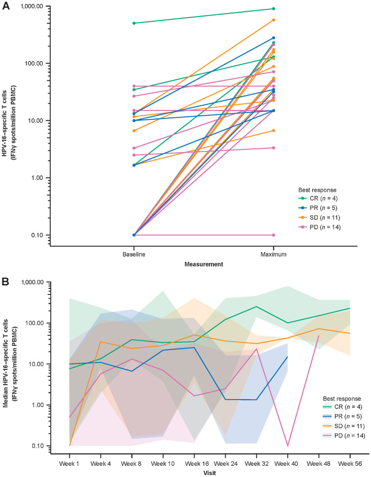 Figure 2. Peripheral HPV-16–specific T cells on IFNγ ELISpot assay of PMBCs. Baseline and maximum T-cell count by patient and response type (n = 34; A), and median T-cell count over time by response category (n = 34), plotted on a log10 y-axis (B). To facilitate visualization, T-cell counts of <0.1 were floored to 0.1. In A, each dot-to-dot line represents an individual patient, color coded according to best response. In B, the median lines are color coded according to best response, and the shaded areas represent the 95% CIs around the medians. Week 1 is the start of MEDI0457 dosing. Week 4 is the start of durvalumab dosing. CR, complete response; ELISpot, enzyme-linked immunospot; HPV, human papillomavirus; IFNγ, interferon gamma; PD, progressive disease; PBMC, peripheral blood mononuclear cell; PR, partial response, SD, stable disease.