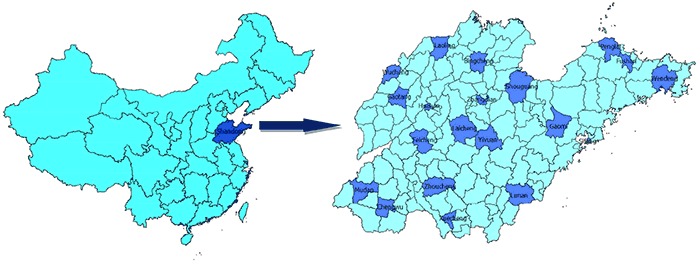 The first of 2 maps shows the location of Shandong province in China in the approximate middle of China’s coastline. The second map shows the 20 sampled counties/districts in Shandong Province: Bingcheng, Chengwu, Feicheng, Fushan, Gaomi, Gaotang, Huaiyin, Junan, Laicheng, Laoling, Mudan, Penglai, Shouguang, Sifang, Wendeng, Wucheng, Xuecheng, Yiyuan, Zhangdian, Zhoucheng.