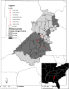 Figure 1 depicts a pair of maps of Atlanta, Georgia, in the United States. The map on the top depicts the distribution of poverty according to Z I P code tabulation area (Z C T A) and combined sewer outfalls in the Atlanta Metropolitan area. ZCTAs are categorized by the percent of residents in a Z C T A living below the federal poverty line between 2007 and 2011. There are eight outfalls in the region namely, Clear Creek, Custer Avenue, Greensferry, Intrenchment Creek, McDaniel Street, North Avenue, Tanyard Creek, and counties. The percentage of people living in poverty is divided into three categories, namely, no data, less than 14.7 percent, and greater than or equal to 14.7 percent. A scale depicting kilometers ranges from 0 to 7.5 in increments of 3.75 and 7.5 to 15 in increments of 7.5. The map at the bottom, is a close-up image depicting the relative location of Atlanta in the United States. A scale depicting kilometers ranges from 0 to 430 in increments of 215 and 430 to 860 in increments of 430.