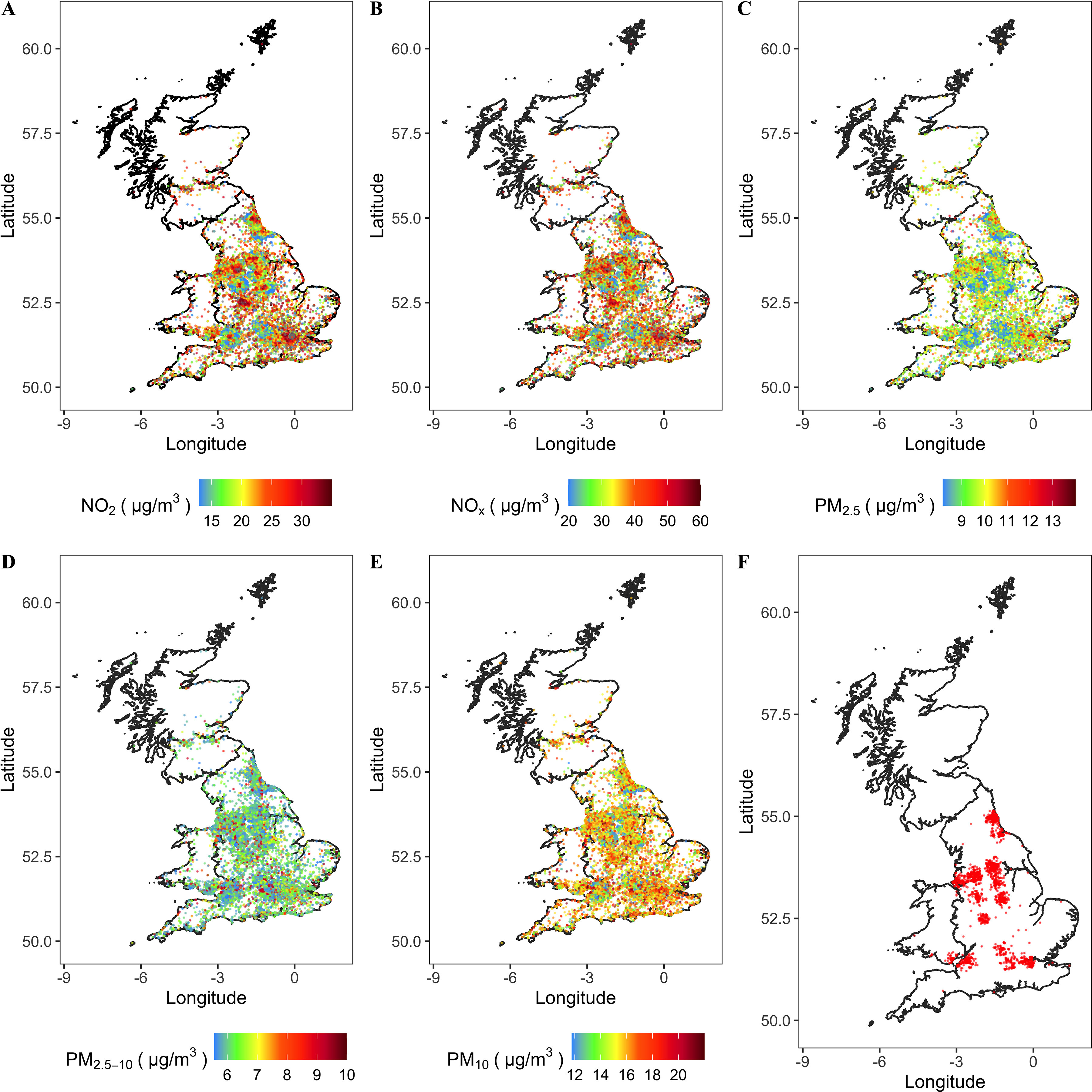 Figure 1A to 1F are graphs, plotting Latitude, ranging from 50.0 to 60.0 in increments of 2.5 (y-axis) across Longitude, ranging from negative 9 to 0 in increments of negative 3 (x-axis). Figures 1A to 1E have a color scale depicting nitrogen dioxide (micrograms per meter cubed), ranging from 15 to 30 in increments of 5; a color scale depicting nitrogen oxides (micrograms per meter cubed) ranging from 20 to 60 in increments of 10; a color scale depicting particulate matter begin subscript 2.5 end subscript dioxide (micrograms per meter cubed) ranging from 9 to 13 in unit increments; a color scale depicting particulate matter begin subscript 2.5 to 10 end subscript dioxide (micrograms per meter cubed) ranging from 6 to 10 in unit increments; and a color scale depicting particulate matter begin subscript 10 end subscript dioxide (micrograms per meter cubed) ranging from 12 to 20 in increments of 2.