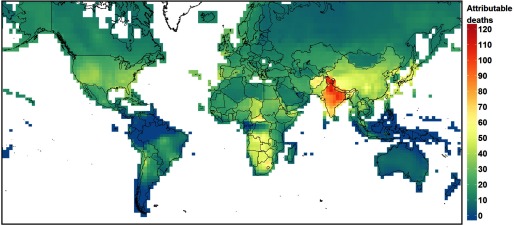 World map marking regions exposed to ozone according to attributable respiratory deaths ranging from 0 to 120 (per 100,000 people).