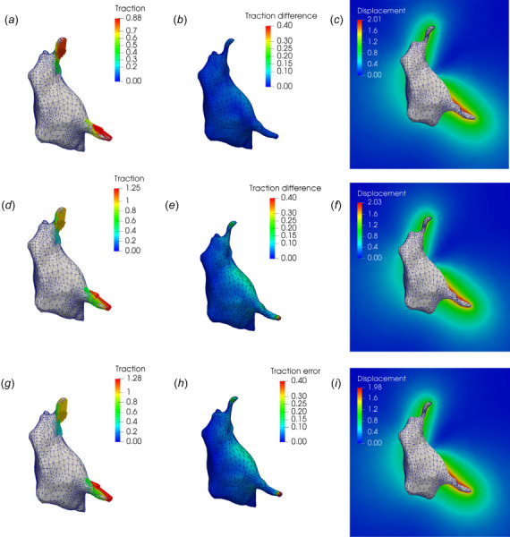 Traction reconstructions for the microglial cell with 1% noise showing tractions t (in kPa), local traction errors |t−t̂| (in kPa), and reconstructed displacement fields u (in μm) on 2D cross sections of the hydrogel matrix. (a)–(c) Results for our new algorithm (NL-CUR); (d)–(f) results for the linear elasticity approach of Ref. [24] (LIN); (g)–(i) results for the nonlinear approach of Dong and Oberai [29] (NL-REF).