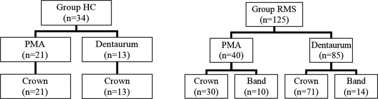 Figure 5. Distribution of groups according to the type, telescopic system, and fixation mode of the Herbst appliance.