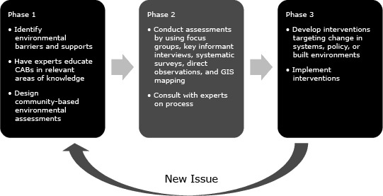 In Phase 1, the processes were to identify environmental barriers to and supports for healthy lifestyles, to have experts educate CABs in relevant areas of knowledge, and to design community-based environmental assessments. In Phase 2, the processes were 1) to conduct assessments by using focus groups, key informant interviews, systematic surveys, direct observations, and GIS mapping and 2) to consult with experts on the process. In Phase 3, the processes were 1) to develop interventions targeting change in systems, policy, or built environments and 2) to implement interventions. New issues that occur after Phase 3 are addressed by starting again with Phase 1.