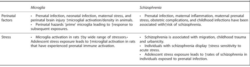 Relationships between microglial cells, schizophrenia, perinatal hazards and stress