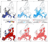 Figures 5a and 5b are maps of Europe marking regions with baseline Lyme disease risk ranges, namely, null, negligible, low, moderate, and high, in winter (December to January) and peak season (May to June), respectively. Figures 5c and 5e are maps of Europe marking regions with baseline winter low risk range from high agreement among three GCM or RCMs models to low agreement in the combined scenario of SSP1 times RCP 2.6 and SSP4 times RCP 4.5, respectively. Figures 5d and 5f are maps of Europe marking regions with baseline peak season high risk from high agreement among three GCM or RCMs models to low agreement in the combined scenario of SSP1 times RCP 2.6 and SSP4 times RCP 4.5, respectively.