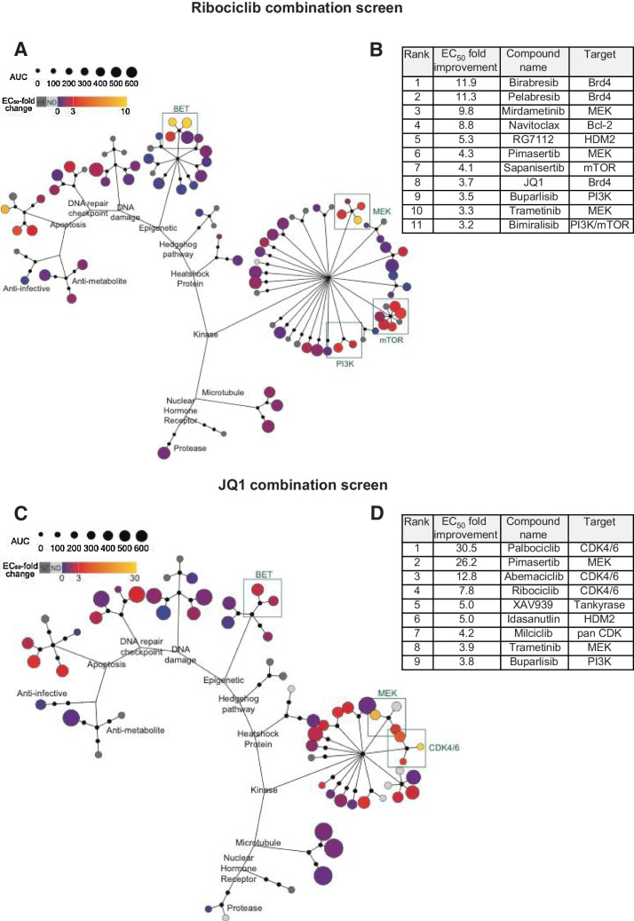 Figure 2. Anchor-based combination screens in G3MB in vitro. A–D, In 384-well plate format, HD-MB03 cells treated with DMSO or the anchor at a single concentration in combination with 87 drug partners in dose–response. 7 days after treatment plates submitted to CellTiter Glo assay and fold change (improvement) of drug partners’ IC50 was computed. A and C, Each drug partner is represented as a colored circle with potency (AUC) as single agent depicted by size. IC50 fold change depicted by color. B and D, Top ranked drug partners with IC50 fold change > 3. A and B, Ribociclib combination screen using 5 μmol/L of ribociclib and 87 drug partners (n = 3 and technical triplicate). C and D, JQ1 combination screen using 0.132 μmol/L of JQ1 and 59 drug partners (n = 2 and technical triplicate). Dose–response curves for top drug partners ± anchor drug are presented in Supplementary Fig. S2. Raw data are presented in Supplementary Table S1.