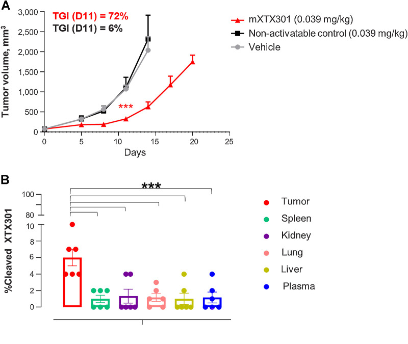 Figure 4. TME-associated protease-dependent activation of mXTX301 in vivo (A) C57BL/6J mice were implanted subcutaneously with MC38 tumor cells and received a single intravenous injection of mXTX301, or non-activatable control lacking protease cleavage site at indicated dose levels. Data represent mean ± SEM. Tumor measurements were assessed by a two-way ANOVA with Bonferroni's post hoc pairwise comparison test compared with vehicle (PBS) treated animals (***, P < 0.0005). The tumor growth changes are displayed until Day 14, when 86% of vehicle-treated animals were alive (N = 6). B, Measurement of percentage of cleaved mXTX301 in the tumor, peripheral organs, and plasma in the MC38 syngeneic tumor model. The percentage of cleaved mXTX301 was quantified by fluorescent triplex WB (LLOQ is represented by the dotted line) The data represents mean ± SEM. Statistical comparisons were performed using Dunnett ordinary one-way ANOVA test versus tumor, where ***, P < 0.001.