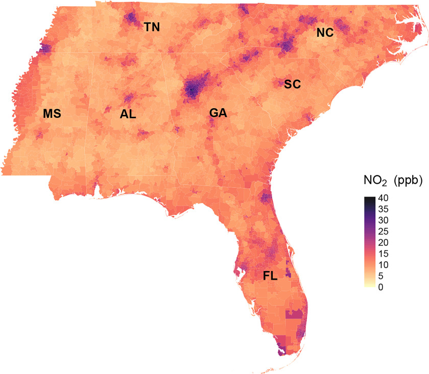 Figure 1 is a map of Southeastern part of the United States depicting the spatial distribution of 17-year mean concentrations of annual nitrogen dioxide at Z I P code level. A scale depicting nitrogen dioxide (parts per billion) is ranging from 0 to 40 in increments of 5.