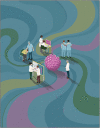 Conceptual illustration showing a team of doctors around a large virus particle. They are analysing data and supporting each other.