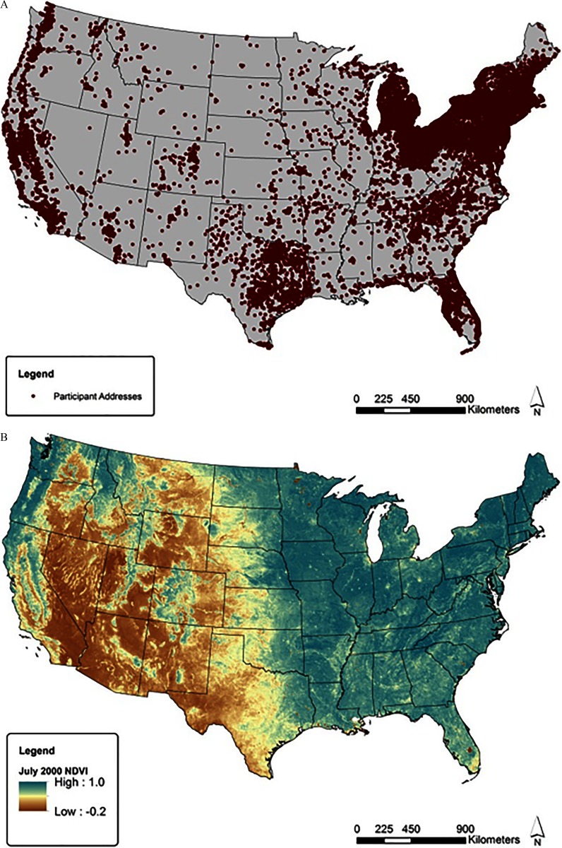 Figure 1a is a map of the USA marking participant addresses and Figure 1b is a map of the USA marking July 2000 NDVI, high: 1.0, and low: −0.2.