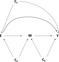 Figure 1 is a schematic displaying E connected to M subscript 2 which is connected to Y, and E directly connected to Y. C subscript 1 is connected to E and Y, C subscript 2 is connected to E and M, and C subscript 3 is connected to M and Y. All are connected with arrows.