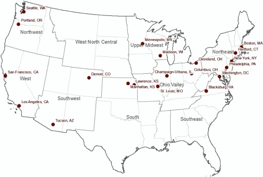 Map of the United States marking 20 metropolitan statistical areas