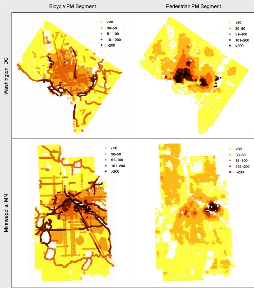 Spatial predictions showing the bicycle PM segment and pedestrian PM segment each at Washington, DC and Minneapolis, MN. The number of bicyclists or pedestrians is as follows: less than 30, 30 to 50, 51 to 100, 101 to 200, and more than 200.