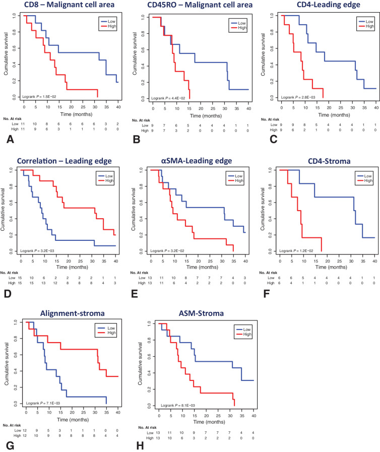 Figure 7. TME metrics which collate with OS in advanced CCOC. A–H, Kaplan–Meier curves of OS using the indicated eight TME metrics that were significant factors following univariate analysis (Supplementary Table S5). N = 38 patients from the FFPE cohort with clinical information and OS data were stratified into high and low groups for the indicated metrics using the median values as thresholds. Kaplan–Meier analysis was performed using the median values as thresholds. ASM, angular second moment.