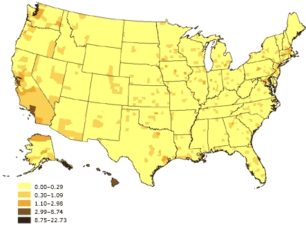 Map of the United States showing percentage of linguistically isolated Asian-language or Pacific Island-language households, United States. The greatest percentages (8.75%-22.73%) are located along the Pacific coast.