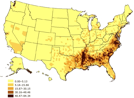 Map of the United States showing percentage of black or African American adults aged 18 and older, United States. The greatest percentages (48.47%-84.34%) are located primarily in the southeastern United States.