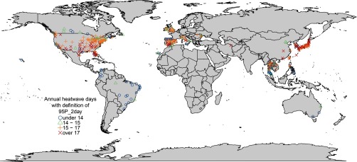 World map showing study locations. The annual heat wave days with definition of 90P underscore 2day are as follows: under 14, 14 to 15, 15 to 17, and over 17.