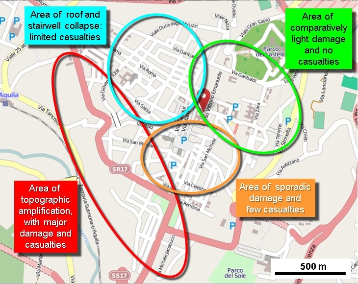 Zones of building collapse in L'Aquila city centre.