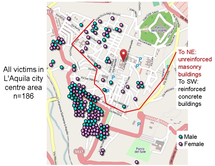 Locations of deaths in L'Aquila city centre, by building type-zone.