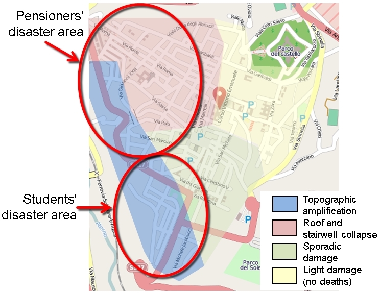 Zonation of mortality in relation to building collapse in L'Aquila city centre.