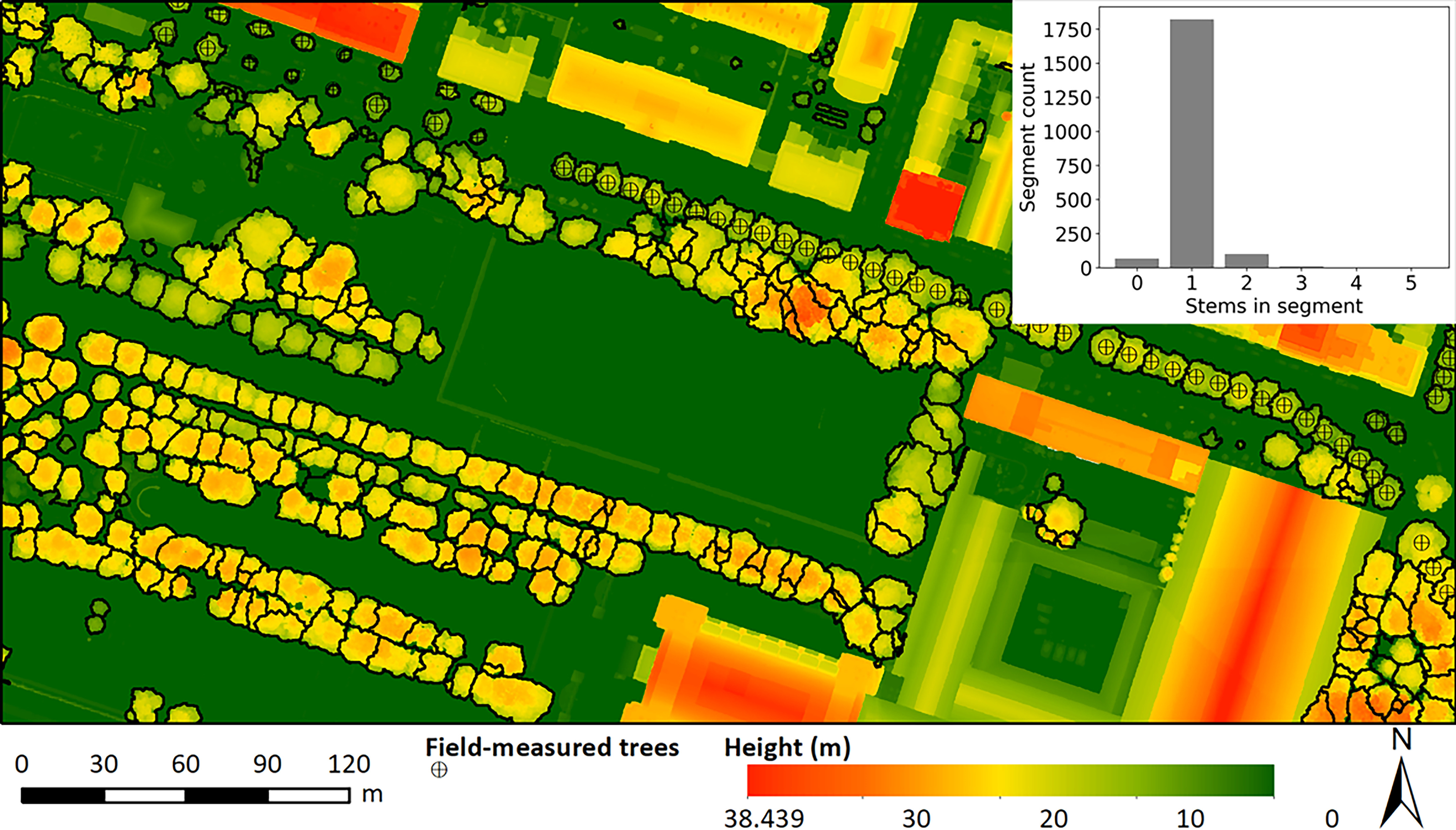 Figure 3 is a set of one map and one bar graph. A cartoon illustration with an aerial view of a map depicting the tree delineation results, light detection and ranging data, a canopy height model, and the accuracy of individual tree segmentation. A scale depicting field measured trees is ranging from 0 to 120 meters in increments of 30. A scale depicting height (meters) is ranging from 38.439 to 30 in decrements of 8.439 and 30 to 0 in decrements of 10. The bar graph plots Segment count, ranging from 0 to 1,750 in increments of 250 (y-axis) across Stems in segment, ranging from 0 to 5 in unit increments.