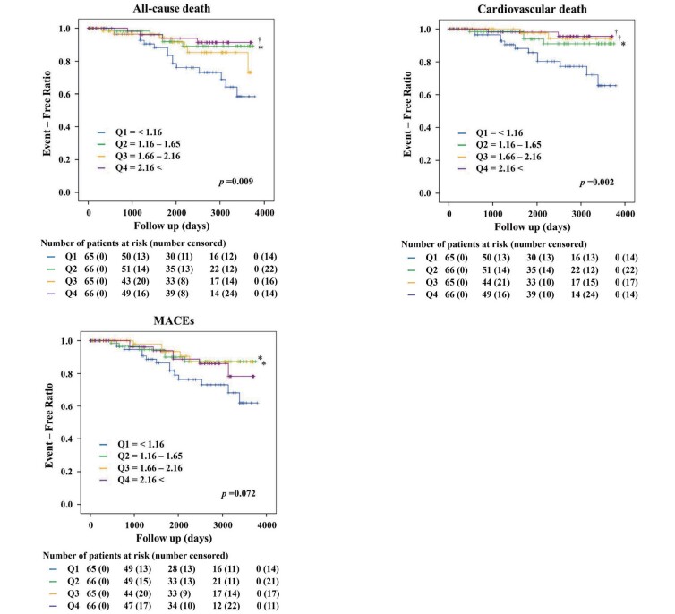 Fig.2. Kaplan–Meier curves by quartile (Q1–Q4) showing that lower L-arginine/L-ornithine ratios are associated with increased mortality from all-cause death and cardiovascular death