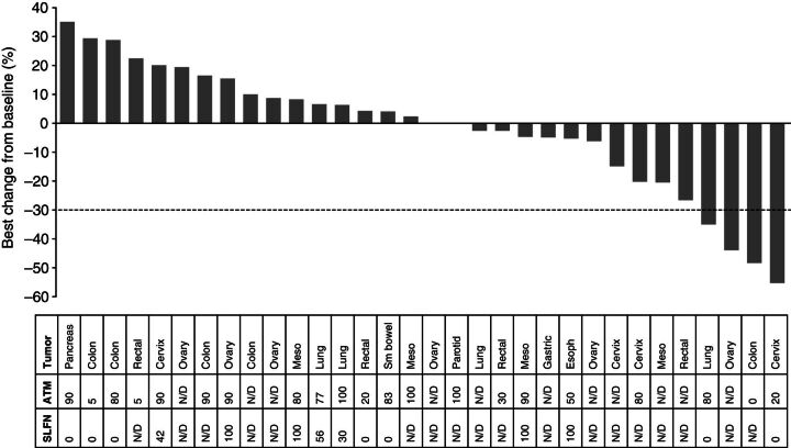 Figure 2. Waterfall plot of response-evaluable patients showing best percentage change from baseline. Tumor type and percentage nuclear staining of ATM and SLFN11 are shown in the table. Meso, mesothelioma; N/D, no data available; sm, small.