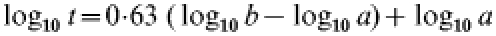 \log _{\setnum{10}} t \equals 0 \hskip -2\cdot \hskip -2 63\;\lpar \log _{\setnum{10}} b \minus \log _{\setnum{10}} a \rpar \plus \log _{\setnum{10}}a