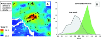 Figure 3A is a map of Turku, Finland, depicting the density-based definition of heat island. The colors indicate temperatures on these grids. A color scale depicting the temperature ranges from 24.6 to 26.1 in increments of 1.5. Figure 3B is an area graph, plotting Percentage, ranging from 0 to 50 in increments of 10 (y-axis) across Normalized Difference Vegetation Index, ranging from 0.0 to 1.0 in increments of 0.1 (x-axis) for other residential areas and heat islands.