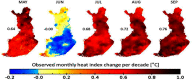 Figure 4 is a set of five maps of Finland depicting the countrywide average decadal change in heat index from May to September (in degrees Celsius) between 1980–1999 and 2000–2019.In May, the heat index reached 0.64; in June, the heat index reached negative 0.00; in July, the heat index reached 0.68; in August, the heat index reached 0.72; and in September, the heat index reached 0.76. A color scale depicting the observed monthly heat index change per decade (in degrees Celsius) ranges from negative 0.2 to 1.0 in increments of 0.2.