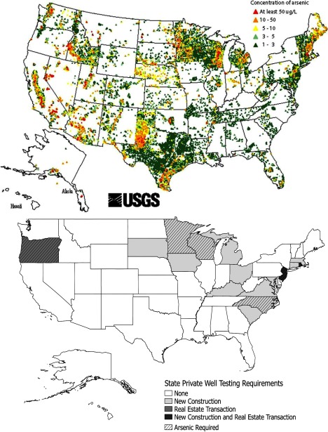 Two maps of USA depicting sites for the presence of arsenic concentration and for the state private well arsenic testing (testing requirement for none, new construction, real estate transaction, and new construction and real estate transaction), respectively.