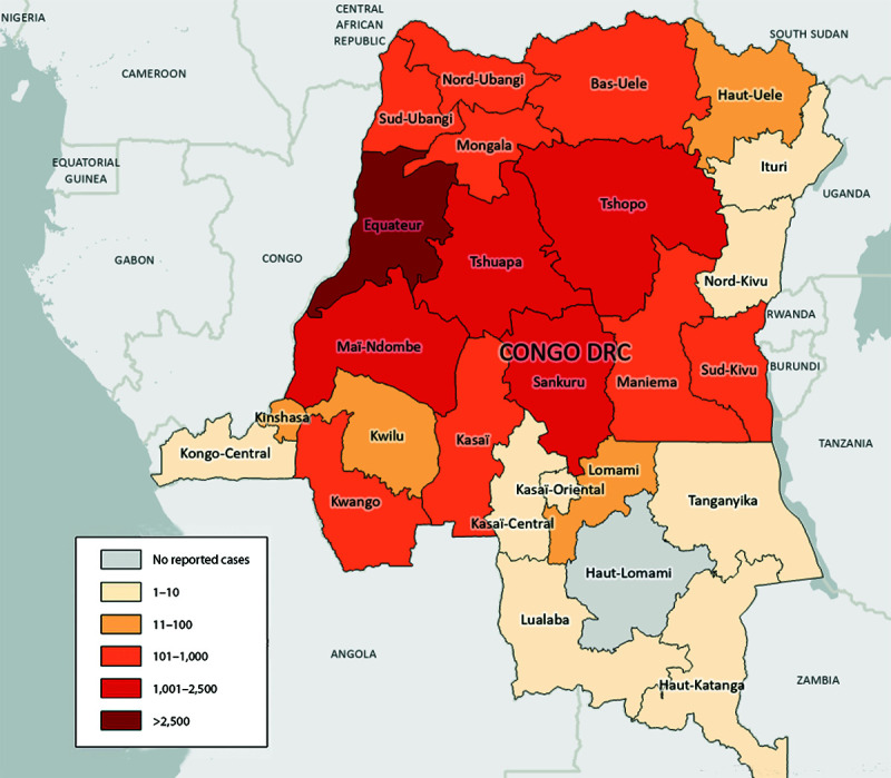 The figure is a map of the Democratic Republic of the Congo illustrating the number of suspected clade I mpox cases, by province, during January 1, 2023–April 14, 2024.